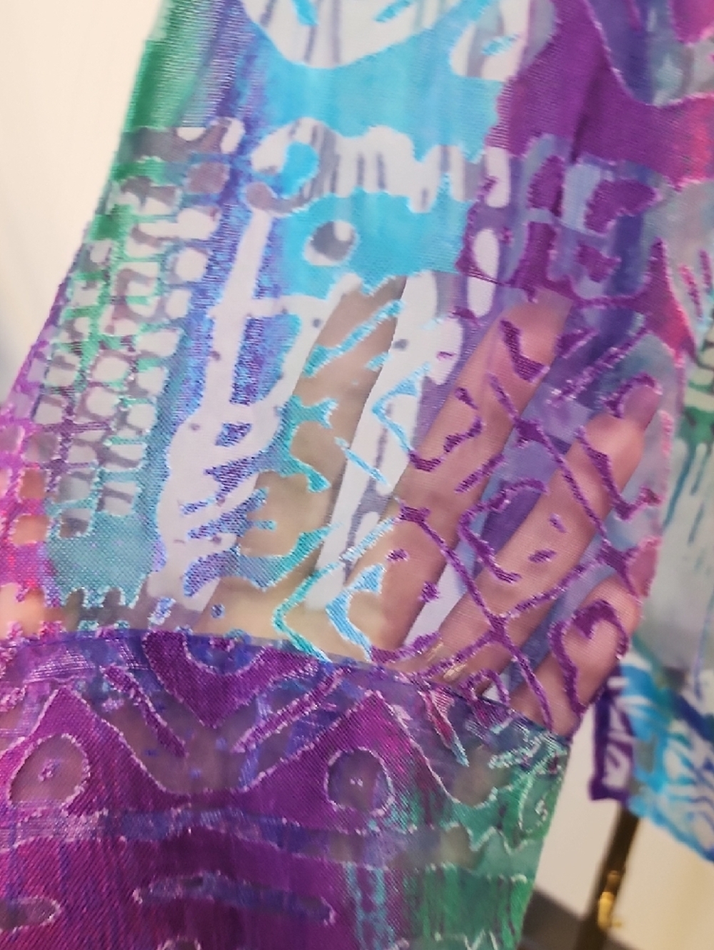 Notations Sheer Abstract Print Button Front Blouse Teal Purple Size Large - Picture 5 of 6